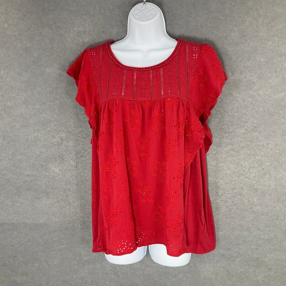 Knox Rose Top Womens XXL Eyelet Ruffle Sleeve Blouse‎ Keyhole Boho Peasant - Picture 1 of 8